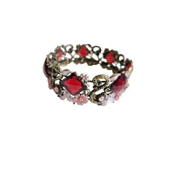 Vintage Red Floral Enamel & Glass Bracelet - Picture 1 of 10